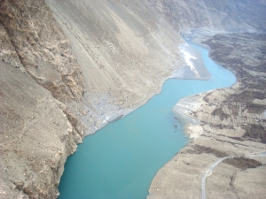 The artificial lake caused by the January 4th landslide in the Hunza Valley