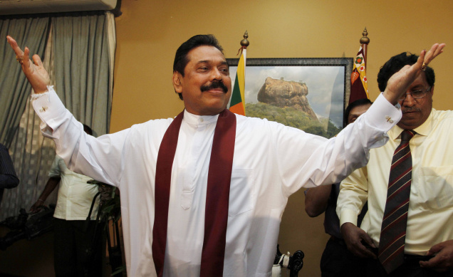 President Mahinda Rajapaksa celebrates re-election; photo - AP